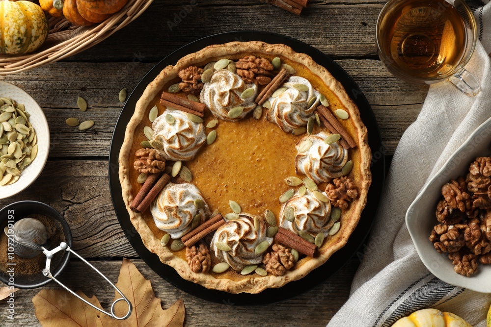 Flat lay composition with homemade pumpkin pie on wooden table Flat lay composition with homemade pumpkin pie on wooden table
