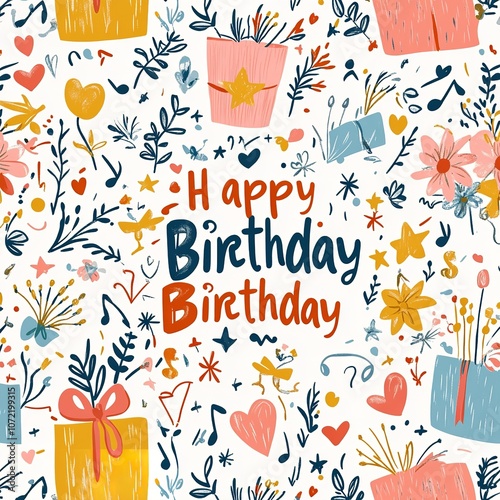  A colorful cartoon pattern with Happy Birthday and gifts on it photo