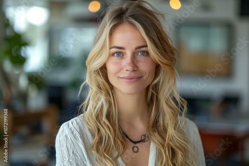 Portrait of a young blonde woman smiling photo