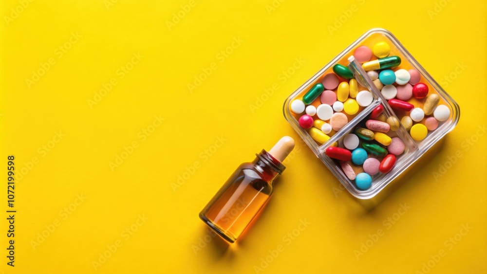 A dropper bottle and a divided container filled with colorful pills sit on a bright yellow background. A dropper bottle and a divided container filled with colorful pills sit on a bright yellow background.