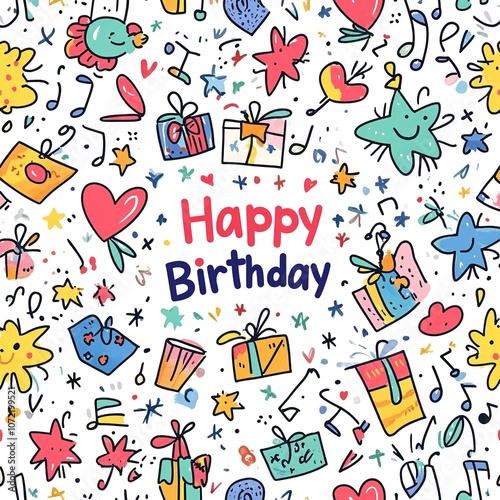  A colorful cartoon pattern with Happy Birthday and gifts on it photo