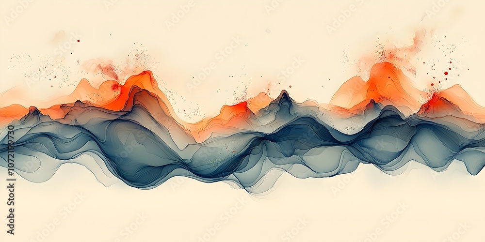 Obraz premium Abstract landscape illustration featuring flowing waves of blue and orange tones, creating a sense of movement and tranquility, reminiscent of mountain ranges in a serene atmosphere.