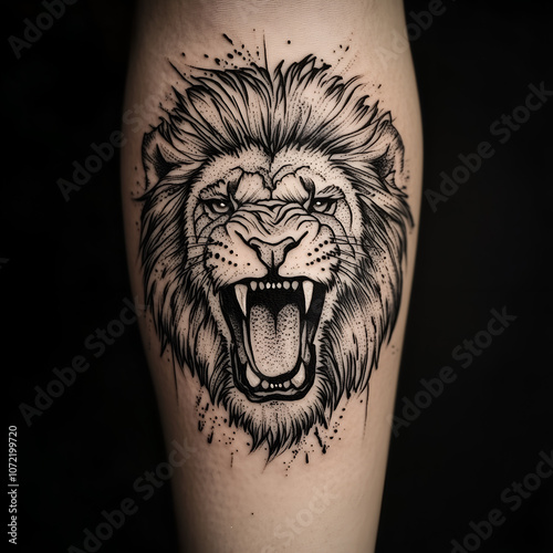 Lion head with mouth open, tattoo design on a black background photo