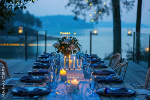 Simple Hanukkah deck gathering with menorah blue decor peaceful photo