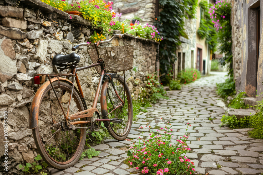 Vecchia bicicletta appoggiata ad un muro di pietra con dei fiori che le crescono intorno, in una strada tranquilla di un piccolo villaggio Vecchia bicicletta appoggiata ad un muro di pietra con dei fiori che le crescono intorno, in una strada tranquilla di un piccolo villaggio