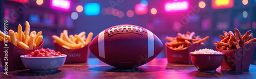 American football and game day snacks in neon-lit setting - perfect for sports bars, Super Bowl party invitations, football blogs, and game night social media posts