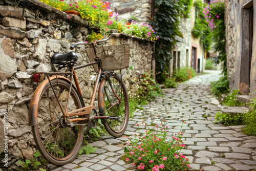 Vecchia bicicletta appoggiata ad un muro di pietra con dei fiori che le crescono intorno, in una strada tranquilla di un piccolo villaggio photo