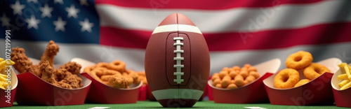 American football and snacks with US flag backdrop - perfect for Super Bowl party blogs, sports websites, game day recipes, and patriotic event planning