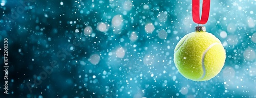 Christmas ornament in the shape of a teniss ball, hanging on a red ribbon against a blurred background of falling snow. This banner design includes a copy space area, suitable for a festive or sports photo