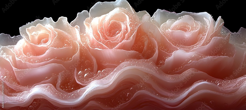 Three delicate pink roses with soft, flowing petals, glistening with droplets of water against a dark background, conveying elegance and beauty. Three delicate pink roses with soft, flowing petals, glistening with droplets of water against a dark background, conveying elegance and beauty.