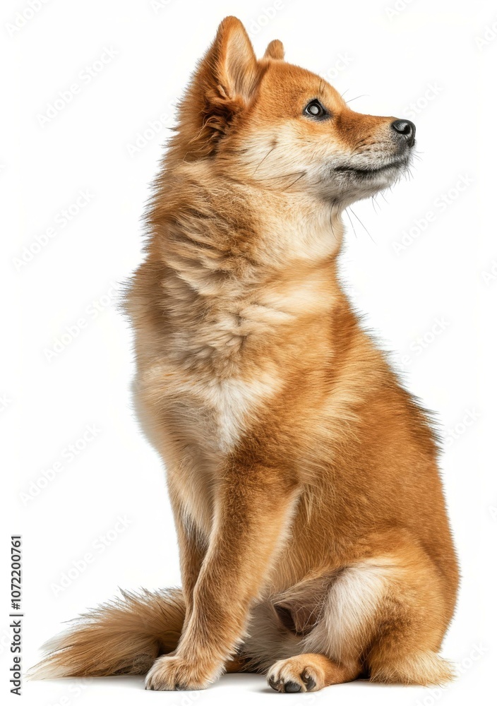 A ginger dog with pointy ears is sitting and looking away A ginger dog with pointy ears is sitting and looking away