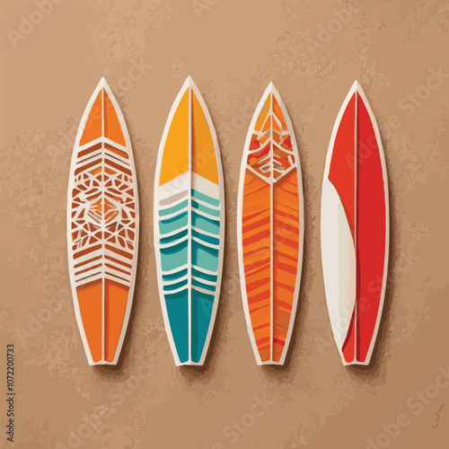 Summer sea background. Top view sea with with surfboards. Sea trip. Resort trip. Ocean relax. Summer surfing vector design. Mini slide boards for key chains sold at the Bedugul Traditional Market.