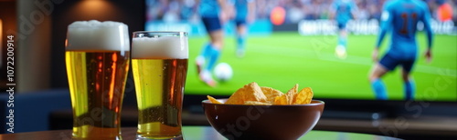 Beer glasses and snacks with soccer match on TV - perfect for sports bar promotions, game day blogs, and football season social media content