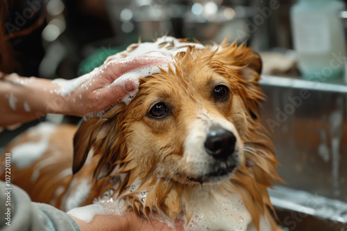 Un cane viene coccolato e lavato con cura durante una visita al salone di toelettatura photo