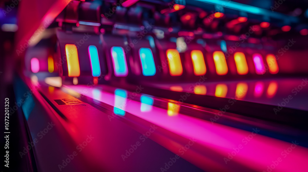 Vibrant Neon Lights Reflected on a Sleek Surface in a Modern Arcade, Capturing the Energy and Excitement of Gaming and Entertainment Experiences Vibrant Neon Lights Reflected on a Sleek Surface in a Modern Arcade, Capturing the Energy and Excitement of Gaming and Entertainment Experiences