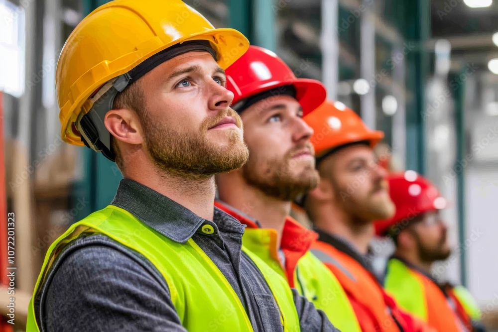 A team of construction workers wearing safety vests and hard hats focused on their task in an industrial setting. A team of construction workers wearing safety vests and hard hats focused on their task in an industrial setting.