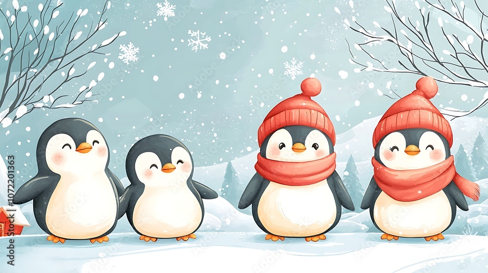 Fototapeta premium Adorable Friendly Penguins in a Snowy Winter Landscape Perfect for Holiday Designs and Children’s Illustrations, Featuring Cute Characters in Winter Hats