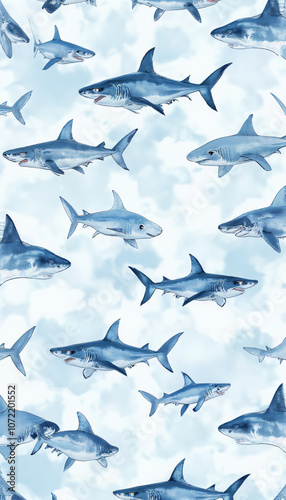  Blue Sharks Swimming in a Repeating Watercolor Ocean Design photo