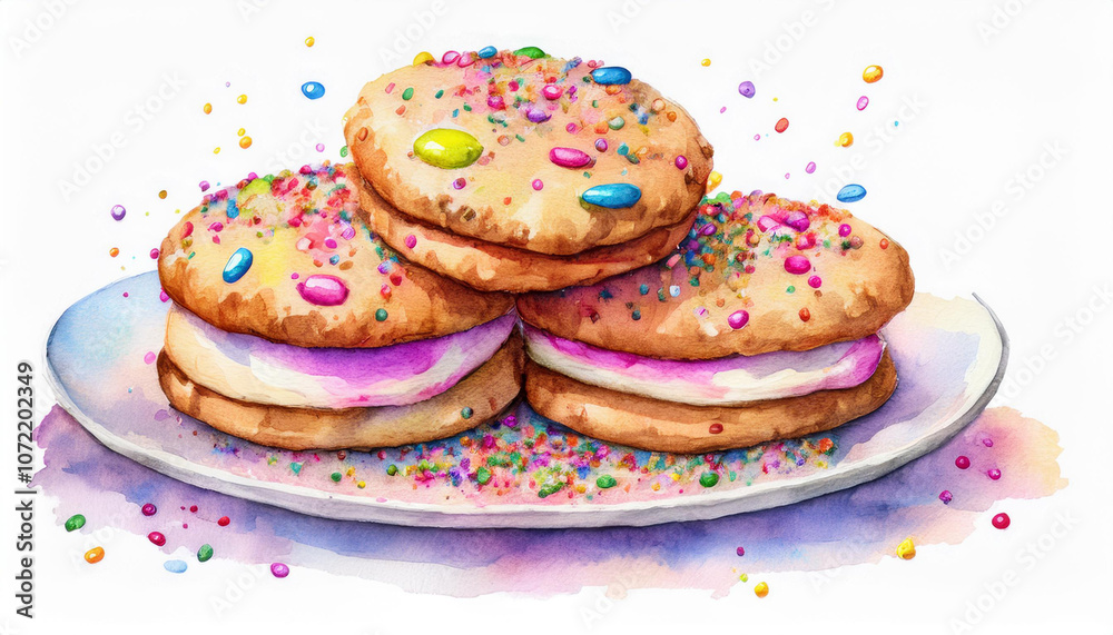 Fröhliche Cookies mit bunten Streuseln – Aquarellmalerei voller Farbe und Genuss Fröhliche Cookies mit bunten Streuseln – Aquarellmalerei voller Farbe und Genuss