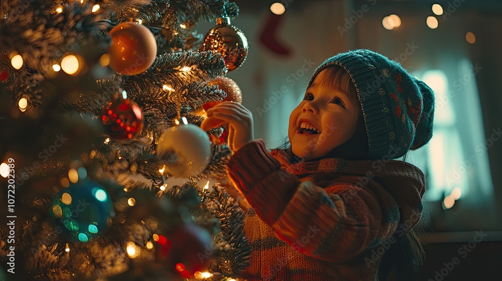 A happy little girl in a knitted hat decorates a Christmas tree with ornaments. A happy little girl in a knitted hat decorates a Christmas tree with ornaments.