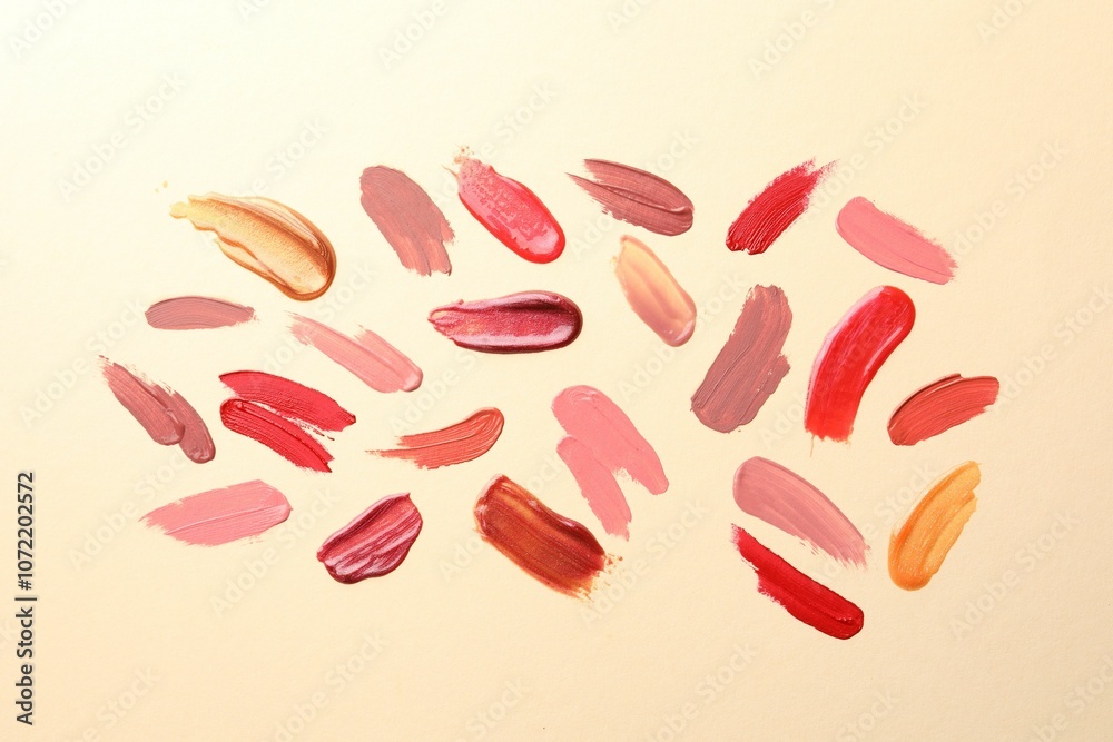 Samples of different lip products on beige background, top view