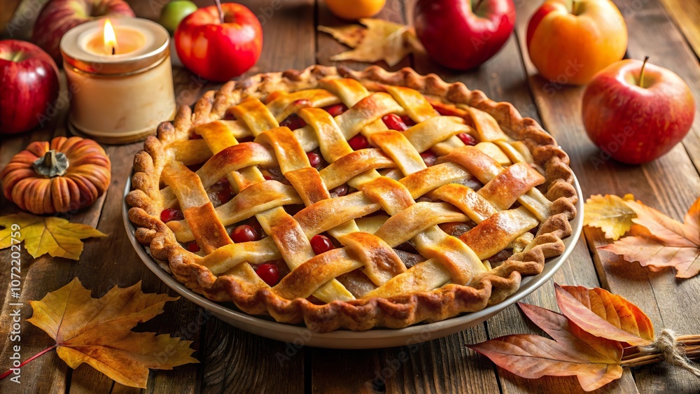 Traditional apple pie displayed on a rustic table with seasonal pumpkins and colorful autumn leaves for Thanksgiving celebration