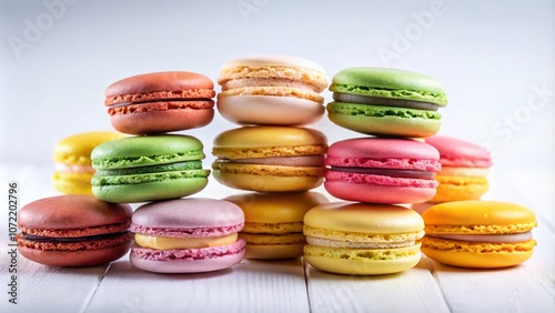 Delightful Macaroons Arrangement on a White Background with Pastel Yellow and Pink Colors, Perfect for Sweet Treats and Dessert Photography