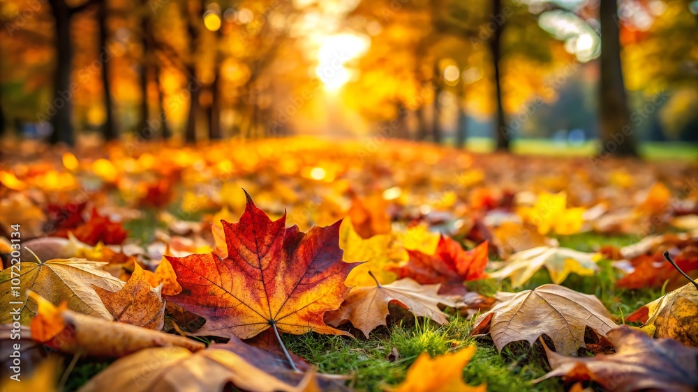 Close-up view of vibrant autumn leaves carpeting the ground in a serene park during the fall season Close-up view of vibrant autumn leaves carpeting the ground in a serene park during the fall season
