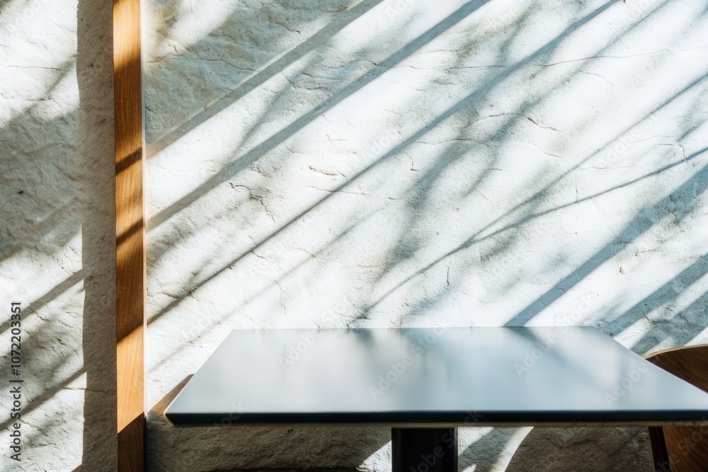 Soft sunlight casting shadows on a table in a minimalist setting Soft sunlight casting shadows on a table in a minimalist setting
