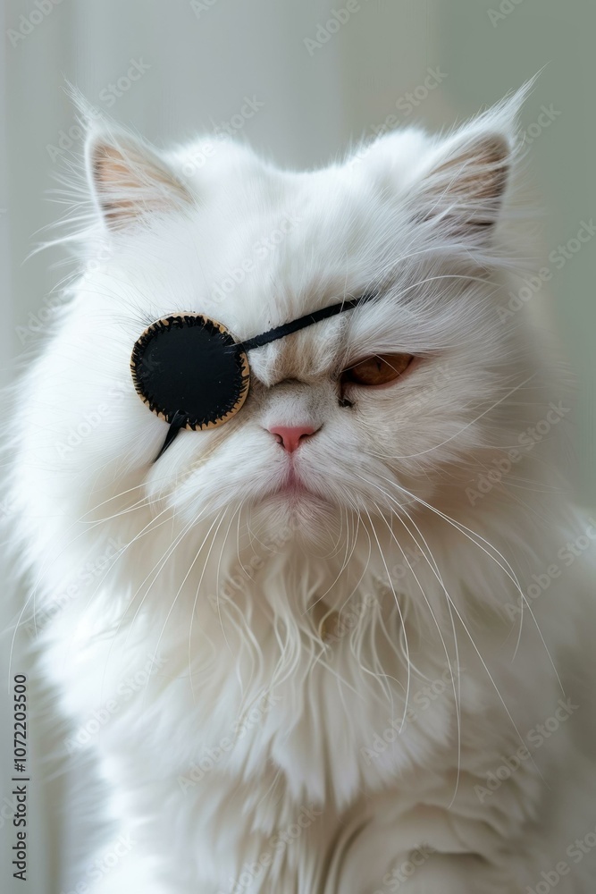 A white Persian cat wearing an eye patch A white Persian cat wearing an eye patch