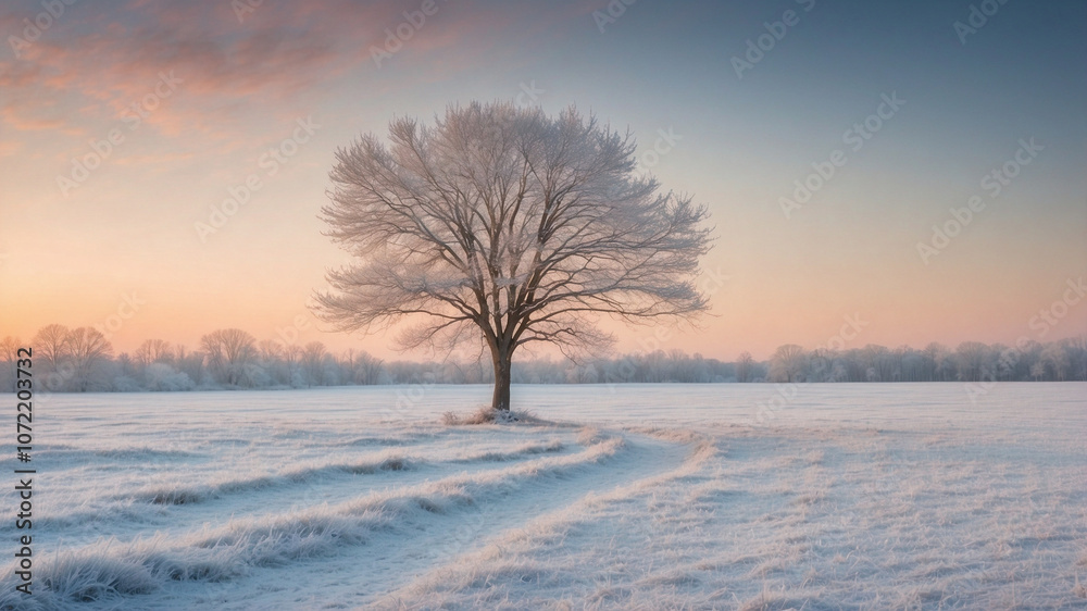 Serene Winter Landscape with Frosty Tree at Dawn Serene Winter Landscape with Frosty Tree at Dawn