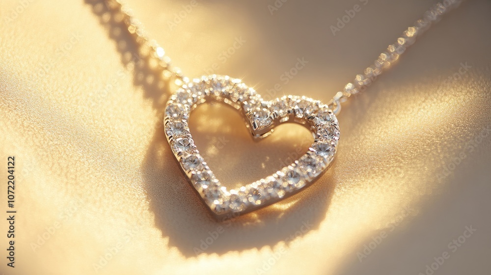 Stunning close-up of a sparkling heart-shaped necklace adorned with shimmering diamonds, elegantly displayed against a soft, warm background for a romantic feel. Stunning close-up of a sparkling heart-shaped necklace adorned with shimmering diamonds, elegantly displayed against a soft, warm background for a romantic feel.