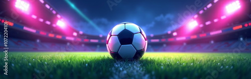 Illuminated soccer ball on stadium field - perfect for sports blogs, event websites, soccer tournament promotions, and sports-themed graphic designs