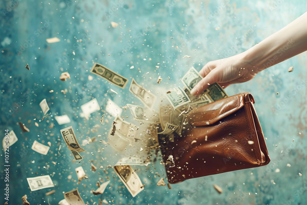 Mano che tiene una borsa vuota, mentre le banconote si disintegrano e scompaiono nell'aria come polvere Mano che tiene una borsa vuota, mentre le banconote si disintegrano e scompaiono nell'aria come polvere