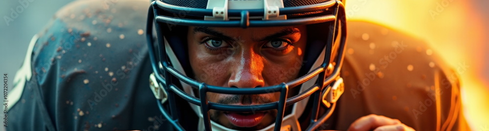 Intense football player in helmet - perfect for sports blogs, motivational websites, athletic gear marketing, team spirit campaigns, and inspiring presentations Intense football player in helmet - perfect for sports blogs, motivational websites, athletic gear marketing, team spirit campaigns, and inspiring presentations
