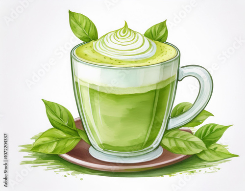 Matcha Latte – Aquarellmalerei eines cremigen grünen Teegetränks mit Milch photo