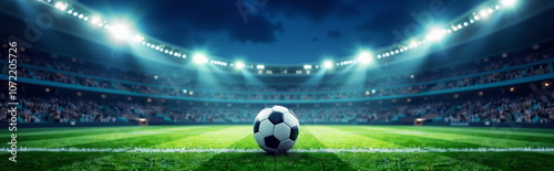 Soccer ball on illuminated stadium field at night - perfect for sports blogs, event websites, game promotions, and football-themed presentations