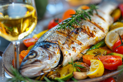 Un succulento branzino alla griglia su un letto di verdure mediterranee, con olio d'oliva che riflette la luce, il piatto servito con un bicchiere di vino bianco in un'atmosfera marina photo