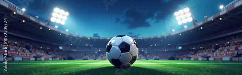 Soccer ball on stadium field under floodlights - ideal for sports blogs, football websites, game day promotions, and championship event marketing materials