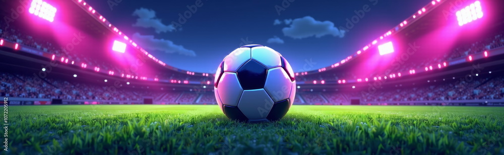 Naklejka premium Soccer ball on stadium field under bright lights - perfect for sports blogs, football websites, event promotions, and championship tournament presentations