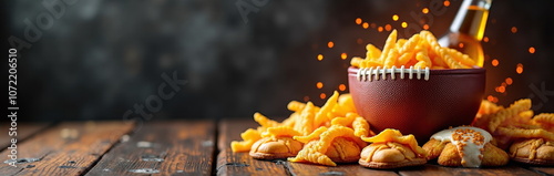 Tasty football-themed snacks with beer - perfect for sports blogs, party websites, game day recipes, or Super Bowl event planning and catering presentations.