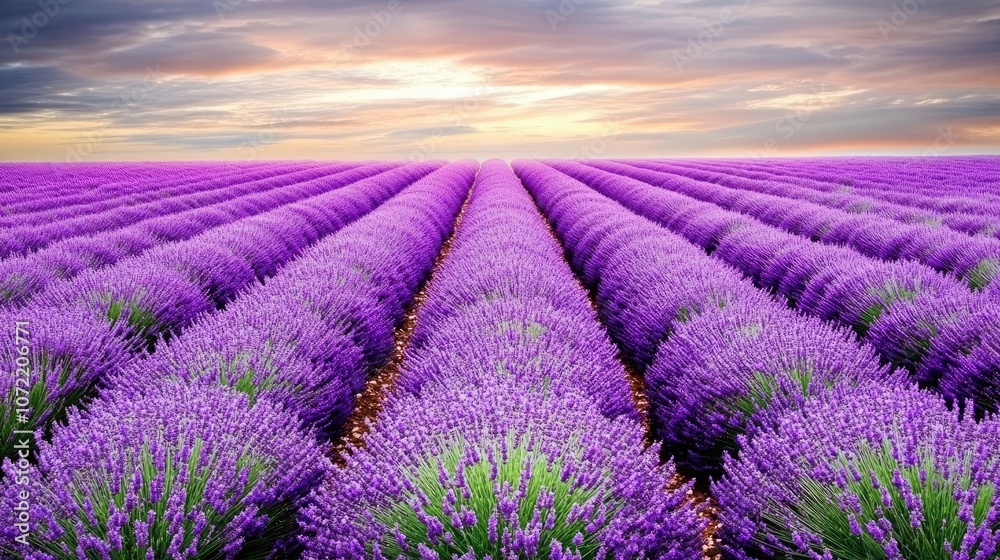 Obraz premium Expansive Lavender Field under a Beautiful Sunset with Vivid Purple Blooms Stretching to the Horizon, Capturing Nature's Serenity and Abundance