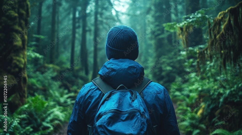 A lone hiker in a misty, green forest. A lone hiker in a misty, green forest.