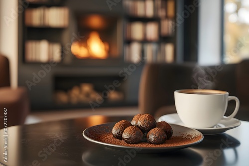 Close-up of a modern plate with cocoa-dusted truffes au chocolat and a cup of coffee on a sleek coffee table in a stylish apartment. A fireplace and cozy library add warmth photo