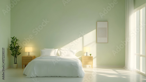 serene minimalist bedroom with cozy bed, soft lighting, and greenery photo