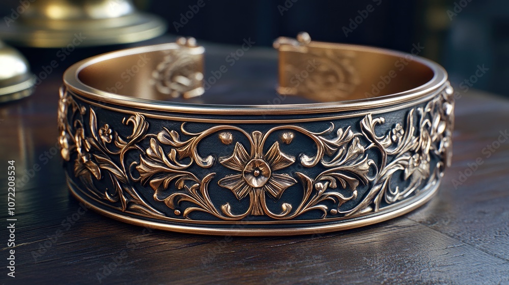 Elegant Antique Bracelet with Intricate Floral Designs and Dark Background, Perfect for Jewelry Collection, Fashion Accessories, or Vintage Style Representation Elegant Antique Bracelet with Intricate Floral Designs and Dark Background, Perfect for Jewelry Collection, Fashion Accessories, or Vintage Style Representation