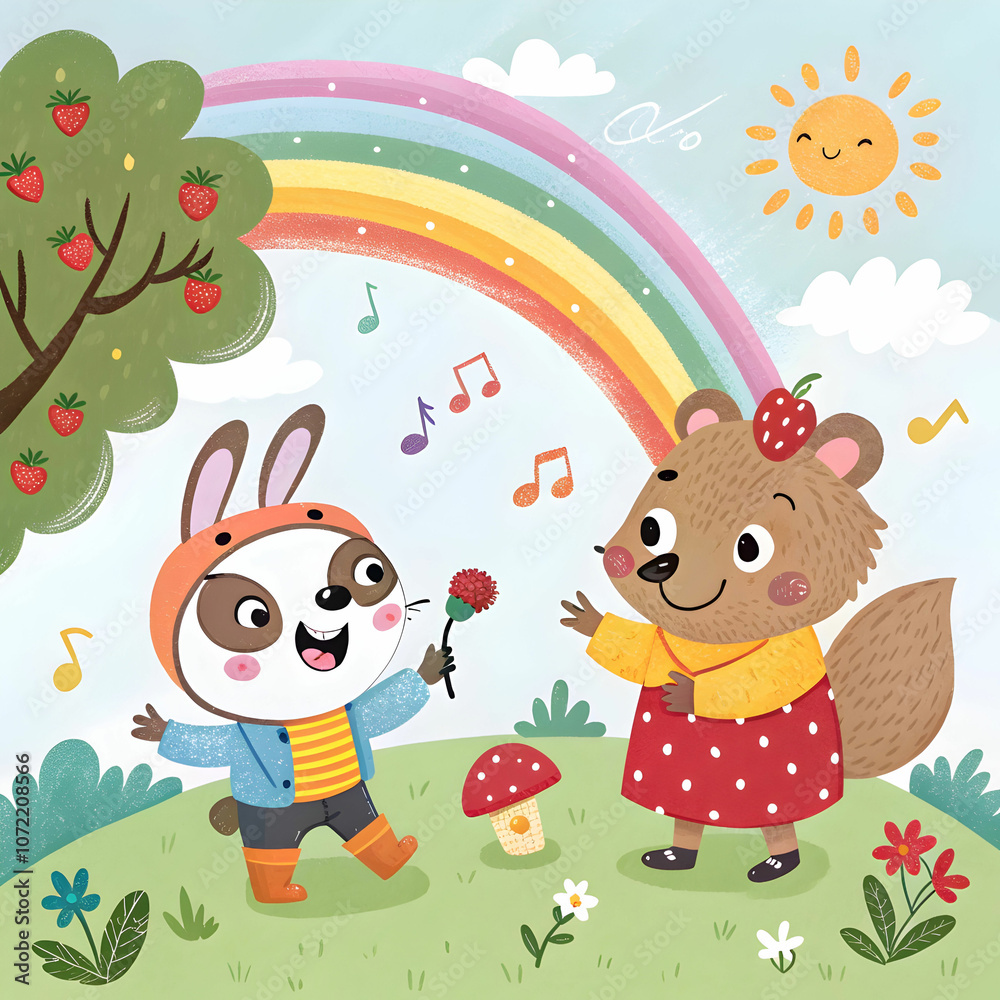 Obraz premium A playful cartoon-style illustration bursting with vibrant colors and imaginative characters.