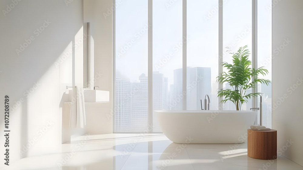 Modern bathroom with floor to ceiling windows and city view Modern bathroom with floor to ceiling windows and city view