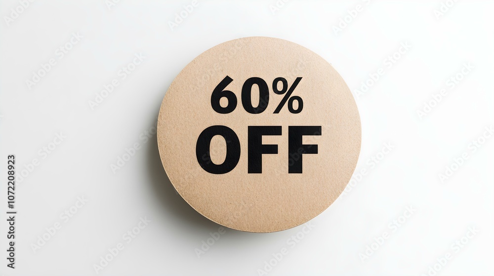 Black '60% OFF' Text on a Khaki Round Paper Note. White Background with Copy Space Black '60% OFF' Text on a Khaki Round Paper Note. White Background with Copy Space
