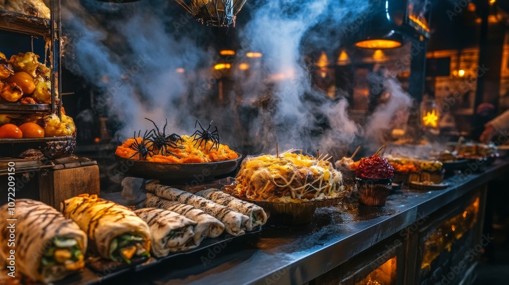 Halloween Food Market Stall With Smoke and Steam. Halloween Food Market Stall With Smoke and Steam.
